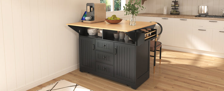 K&K 55.7'' Large Kitchen Island With 2 Drop Leaf, Rolling Kitchen Cart On 5 Wheels With Power Outlet, Folding Storage Dining Table With Spice & Towel Rack , 3 Drawers, For Kitchen, Dining Room,Black