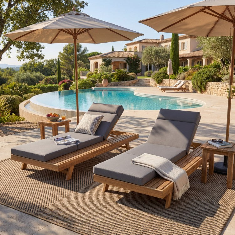 Lounge Chaise Set With Headrest, Space Available On One Side, Acacia Wood In Light Brown With Water Resistant Lounge Cushions Dark Grey & 3 Fold & 4 Inch Matching Cream Beige Version Available