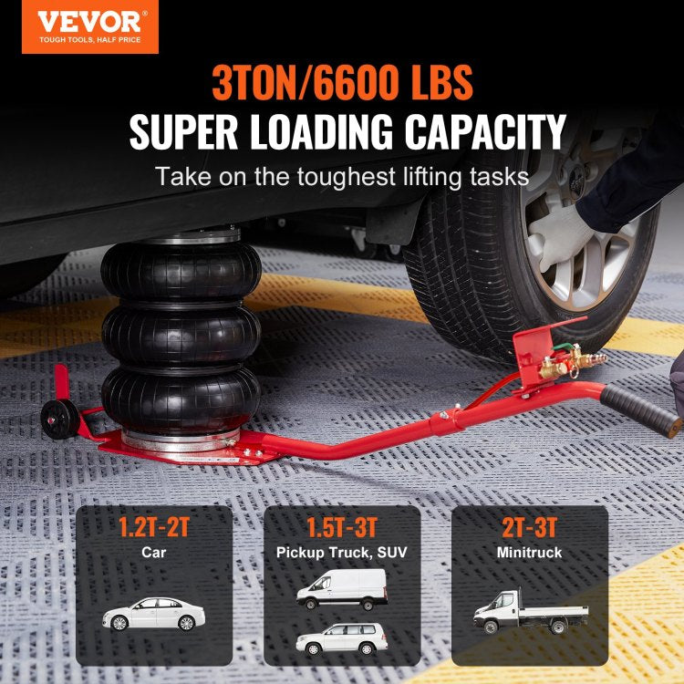 Air Jack, 3 Ton 6600 Lbs Triple Bag Air Jack, Airbag Jack With Six Steel Pipes, Lift Up To 17.7 Inch 450 Mm, 3 5 S Fast Lifting Pneumatic Jack, With Long Handles For Cars, Garages, Repair, Red