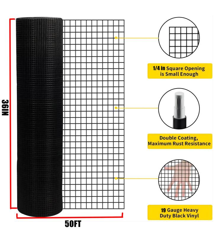 36 Inch 50 Ft Black Vinyl Coated Hardware Cloth 19 Gauge 1 4 Inch Black Pvc Hardware Cloth, Black Welded Wire Fence Supports Poultry Netting Cage Home Improvement And Chicken Coop