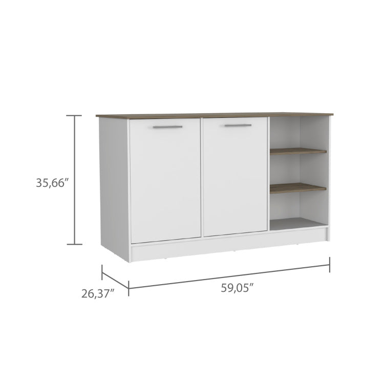 Kitchen Island Two Cabinets, Three Open Shelves, White Dark Brown