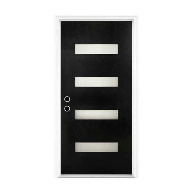 36 X 80 Fiberglass Entry Door With Brickmould, Frosted Glass Contemporary Style For Home'S Front Entrance, Right Hand Inswing, Black Finished Knock Down Fiberglass Door With 4 9 16 White Vinyl Frame