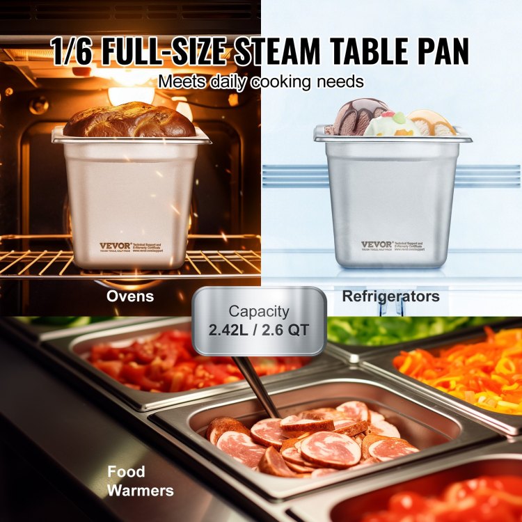 6 Pack Hotel Pans, 1 6 Size Anti Jam Steam Pan, 0.8Mm Thick Stainless Steel Restaurant Steam Table Pan, 6 Inch Deep Commercial Table Pan, Catering Storage Food Pan, For Industrial & Scientific