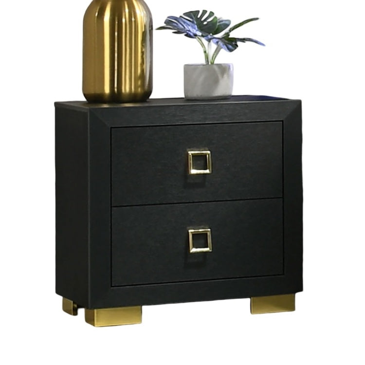 Gorgeous Black 1Pc Nightstand Square Pull Handle Metal Legs Bedside Table Bedroom Furniture