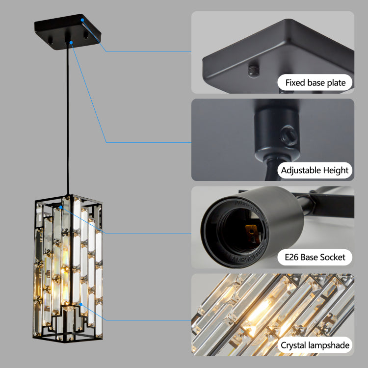 4" Modern Crystal Pendant Light 3 Pack, Adjustable Hanging Ceiling Lamp With Crystal Prism Design For Dining Room, Kitchen Island, And Living Room Black Finish