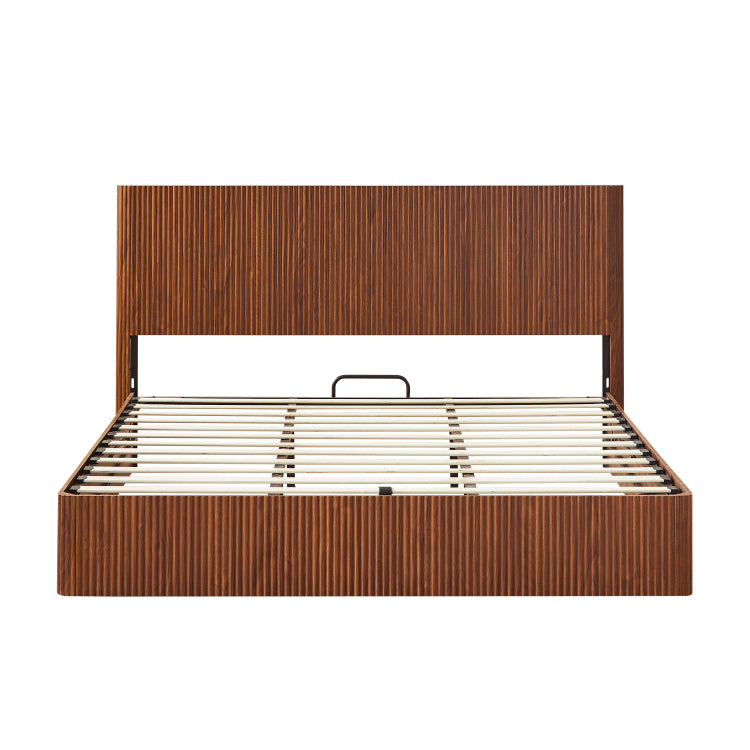 King Size Lift Up Storage Bed Frame, Wooden Corrugated Curved Lines, Hydraulic Storage No Box Spring Needed, Walnut