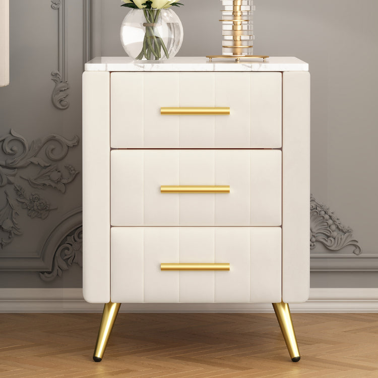 Upholstered Wooden Nightstand With 3 Drawers And Metal Legs&Handles, Bedside Table With Marbling Stickers Worktop Beige