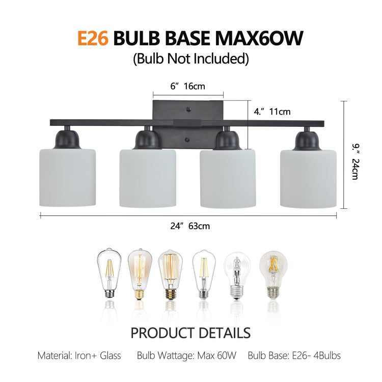 Black Bathroom Light Fixtures, 4 Light Modern Vanity Light Over Mirror, Wall Sconces With Milky White Frosted Glass Shades, E26 Socket Bulbs Not Included