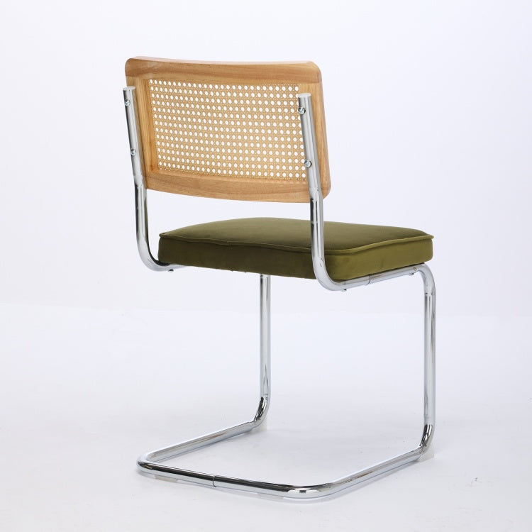 Mid Century Modern Dining Chairs Set Of 2, Velvet Accent Chairs With Natural Cane Back & Stainless Chrome Base, Famous Breuer Designed Chairs, Upholstered Rattan Kitchen Chairs,Olive Green