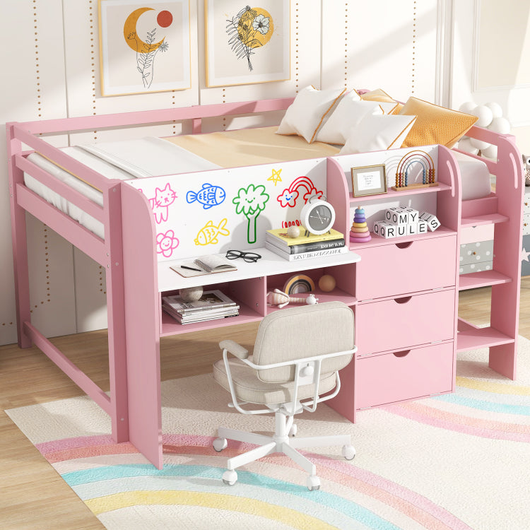 Full Size Low Loft Bed With Built In Desk,Storage Cabinets And Open Bookcase,Whiteboard For Graffiti,Pink