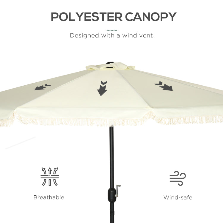Outsunny 9Ft Patio Umbrella With Push Button Tilt And Crank, Ruffled Outdoor Market Table Umbrella With Tassles And 8 Ribs, For Garden, Deck, Pool, Cream White