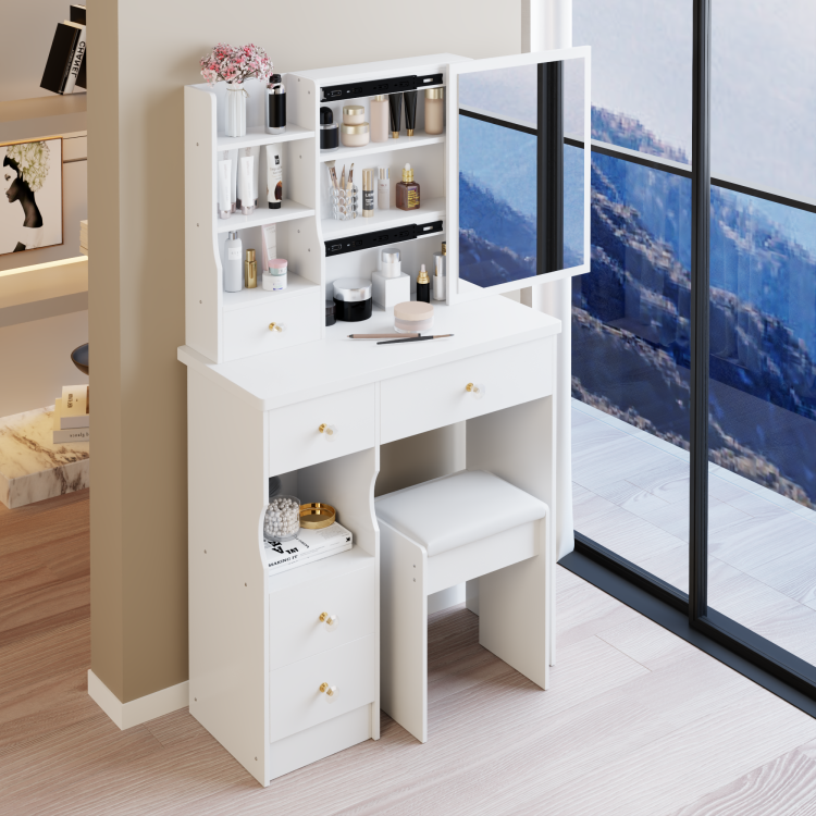 29.2" Small Size Left Drawer Desktop Vanity Table Cushioned Stool, Extra Large Right Sliding Mirror, Multi Layer High Capacity Storage, Practical Fashionable Dresser, Suitable For Small Space