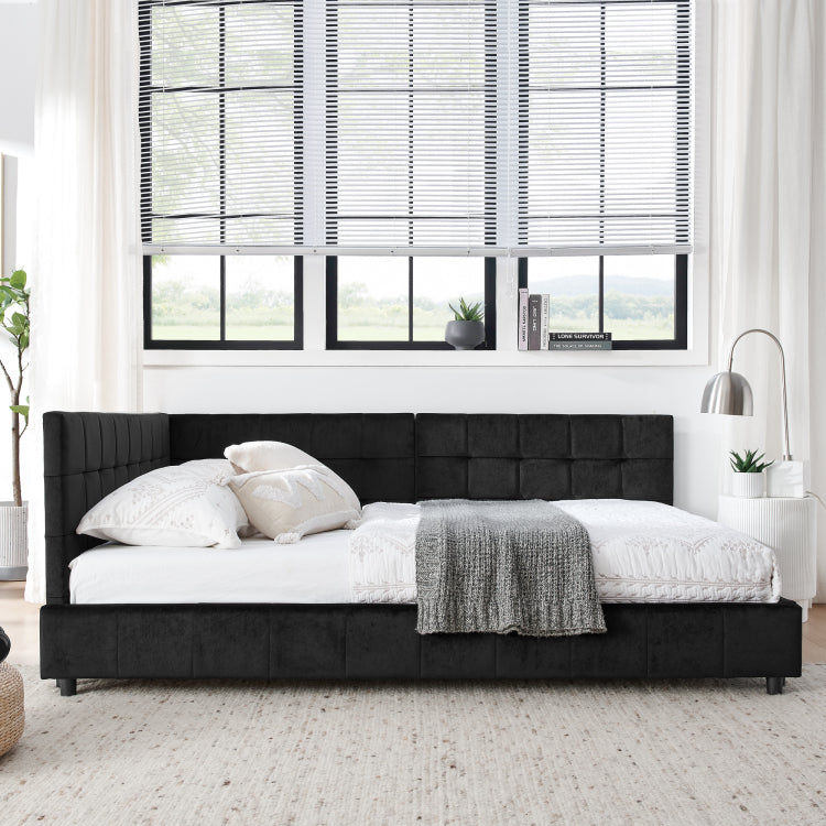 Full Size Upholstered Tufted Bed Frame, Sofa Bed Frame With Comfortable Backrest And Armrests, Full Size Bed For Bedroom, Living Room,Velvet, Black 80.5''*59''*30.5''