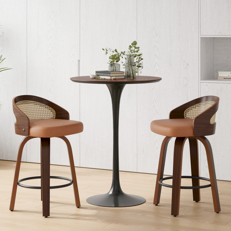 Swivel Bar Stools Set Of 2, Modern Wood Frame With Rattan Back, Pu Leather Stool For Kitchen Counter, Mid Century Upholstered Barstools With Footrest,Industrial Counter Height Stools