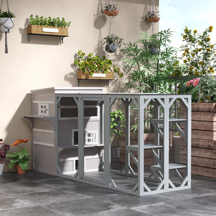 Pawhut 3 Story Cat House Feral Cat Shelter, Outdoor Kitten Condo With Raised Floor, Asphalt Roof, Escape Doors, Jumping Platforms, Grey