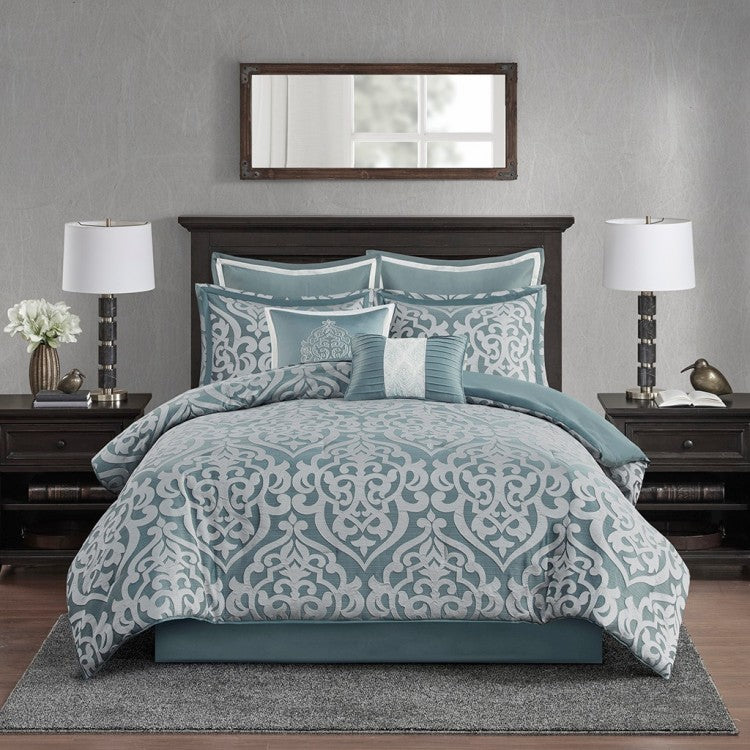 8 Piece Jacquard Comforter Set Aqua Silver Queen