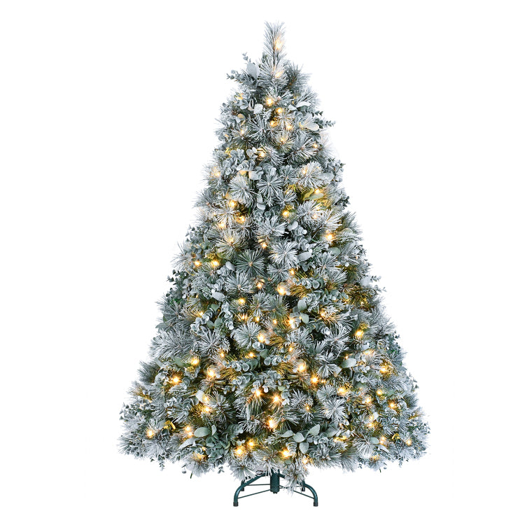 4Ft Prelit Flocked Christmas Tree With Pine Needles & Eucalyptus Leaves, 150 Warm White Led Lights, 404 Tips, Hinged Branches, Metal Stand Snowy Artificial Tree For Holiday Decor