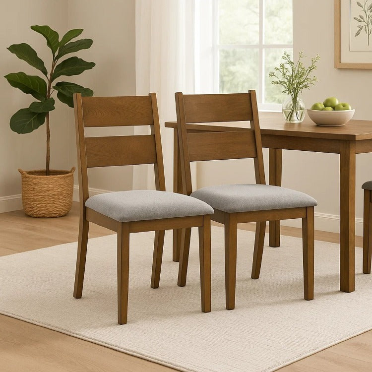 Lyoi Dining Chair Set Of 2, Gray Padded Fabric Seat, Brown Wood Legs