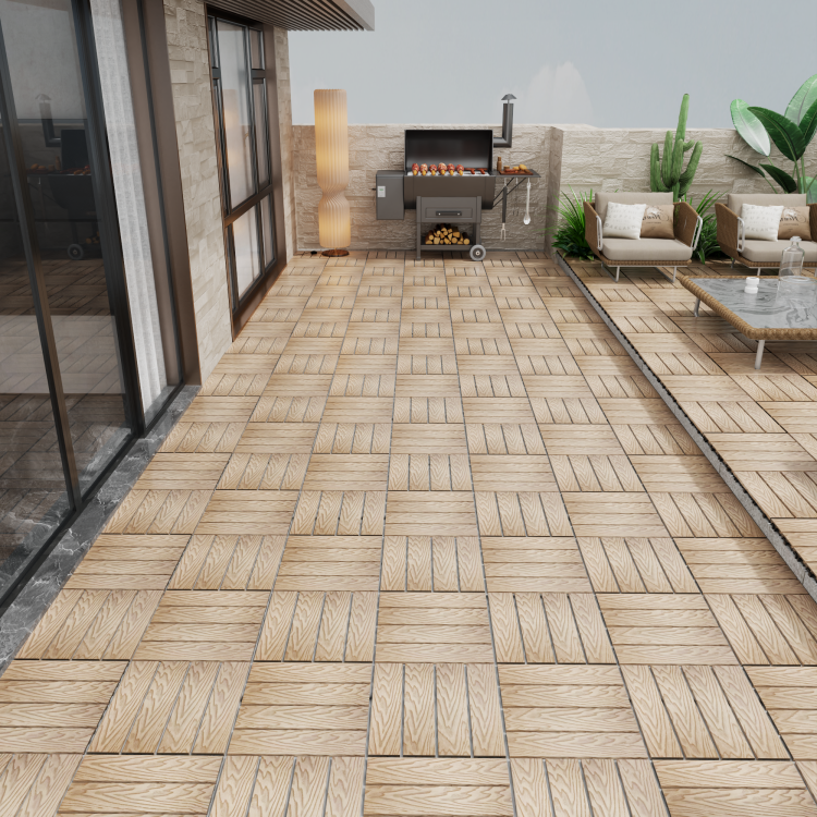 Patio Floor Tiles Pack Of 11 Wpc Wood Plastic Composite Patio Deck Tiles Diy Interlocking Decking Tiles, Quick Deck Floor Tile, Court Tile, Water Resistant Indoor Outdoor 11.8" 3D Teak