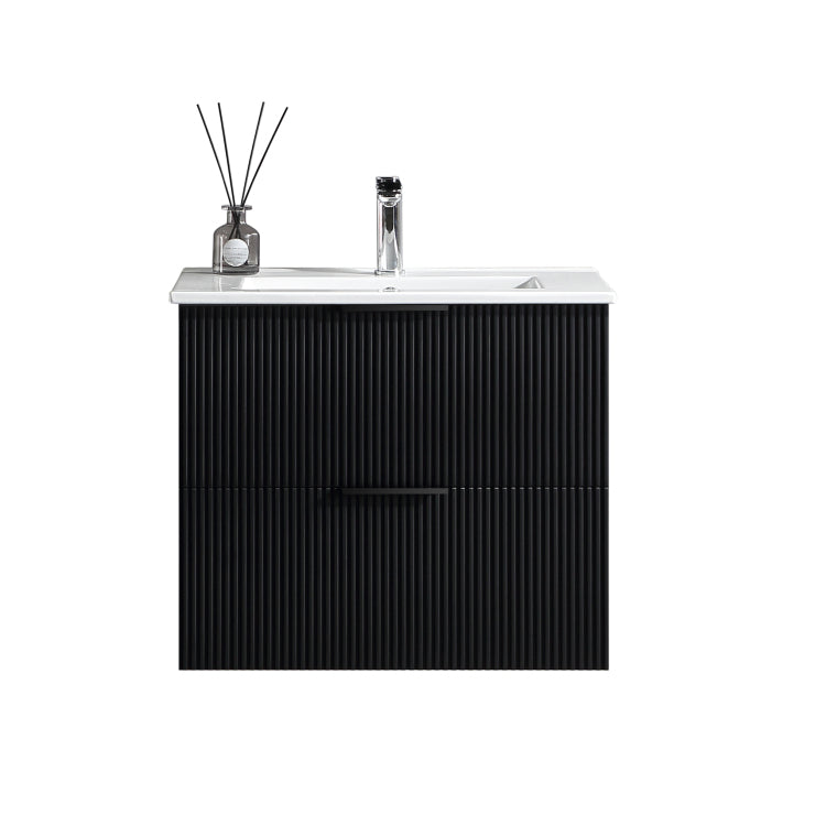 24 Inch Bathroom Vanity Cabinet With Ceramic Sink Black Wall Mounted Floating Fluted Vanity With Drawers, Modern