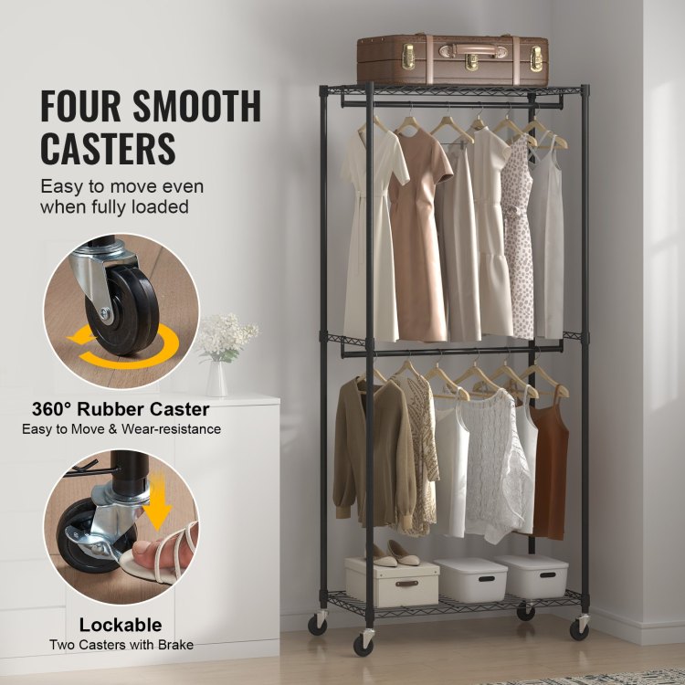 Heavy Duty Clothes Rack, Double Hanging Rods Clothing Garment Rack With Bottom And Top Storage Tier, Rolling Clothing Rack For Hanging Clothes, 1'' Diameter Thicken Steel Tube Hold Up To 300Lbs