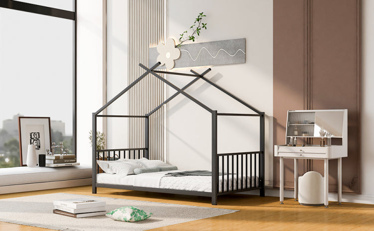 Twin Size Metal House Platform Bed, Black