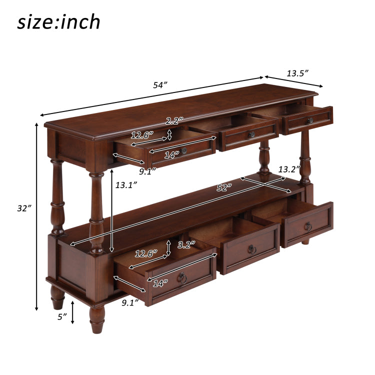 Solid Wood Console Table With 6 Drawers And Shelf, Vintage 54'' 2 Tier Wood Couch Foyer Table For Living Room, Hallway, Entrance Cherry