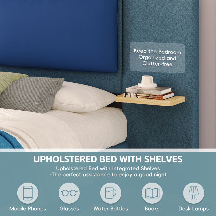 Queen Size Upholstered Platform Bed With Panel, Platform Bed Frame With Anti Collision Soft Rounded Corners, Stable And Solid, No Box Spring Needed, Easy Assembly, Blue