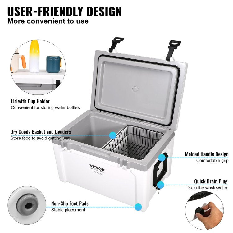 Insulated Portable Cooler, 52 Qt, Holds 50 Cans, Ice Retention Hard Cooler With Heavy Duty Handle, Ice Chest Lunch Box For Camping, Beach, Picnic, Travel, Outdoor, Keeps Cool For Up To 6 Days