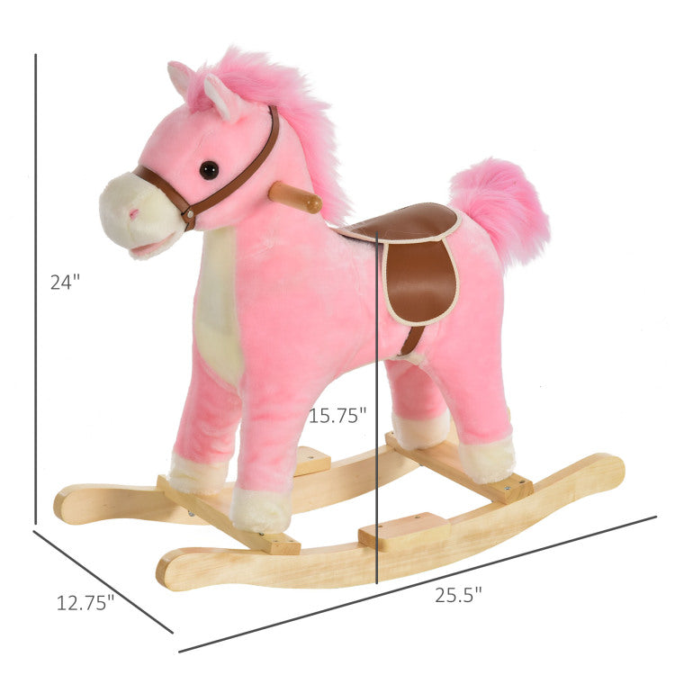 Qaba Rocking Horse Plush Animal On Wooden Rockers, Baby Rocking Chair With Sounds, Moving Mouth, Wagging Tail, Pink