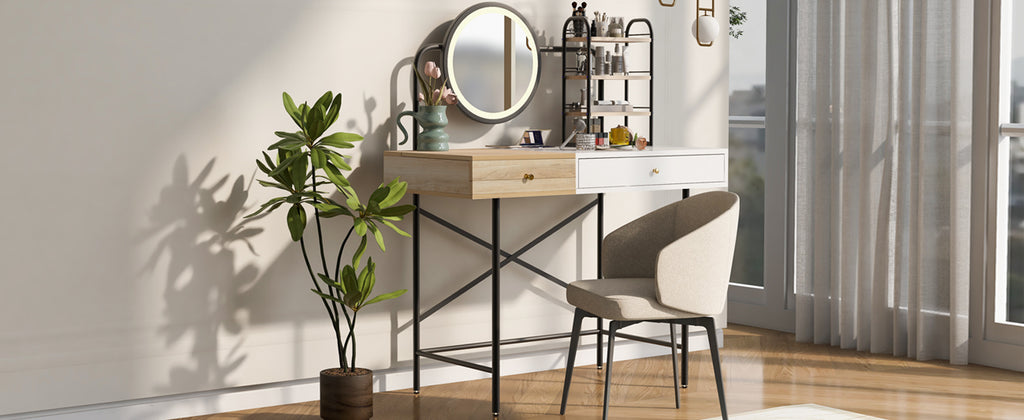 40" Makeup Vanity Desk With 3 Mode Lighted Mirror & Wireless Charging Station , Vanity Table With Drawer & 3 Open Shelves For Ample Storage Space, Dressing Table For Bedroom, White