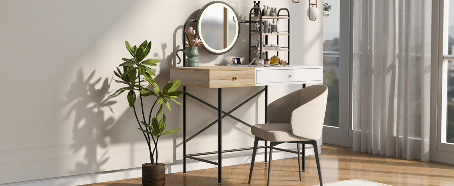 40" Makeup Vanity Desk With 3 Mode Lighted Mirror & Wireless Charging Station , Vanity Table With Drawer & 3 Open Shelves For Ample Storage Space, Dressing Table For Bedroom, White