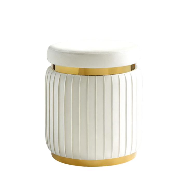 Contemporary Style 1Pc Round Accent Stool Stainless Steel Gold Trim Velvet Fabric White Finish Primary Living Room