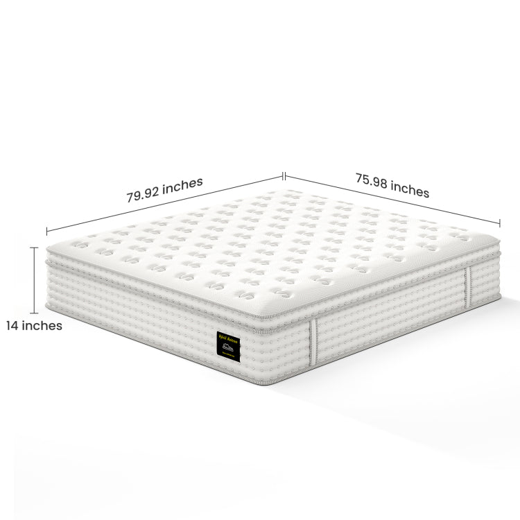 14'' Hybrid Mattress King, Memory Foam & Pocket Springs For Pressure Relief, Fiberglass Free Ergonomic Home White