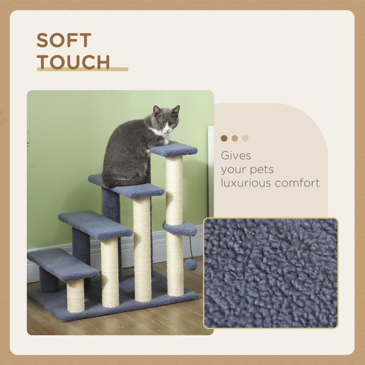 Pawhut 4 Levels Cat Steps, Pet Stairs Carpeted Ladder, Kitten Tree Climber With Scratching Posts, Hanging Play Ball, Side Step, For High Bed, Sofa, Gray