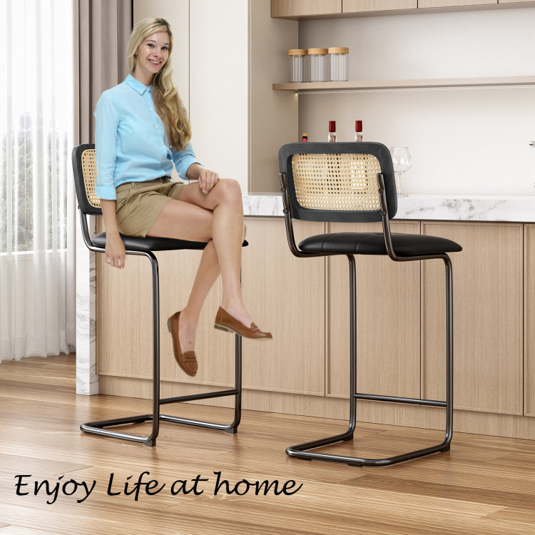 Counter Height Bar Stools Set Of 2, Upholstered Pu Leather Barstools With Rattan Back, 30 Inch Stools Armless Bar Chairs For Kitchen Island, Black