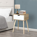 Side Table With 1 Drawer And Rubber Wood Legs, Mid Century Modern Storage Cabinet For Bedroom Living Room Furniture, White With Solid Wood Color