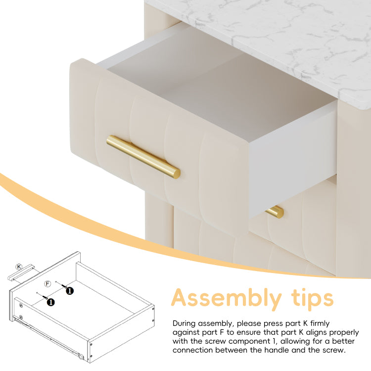 Upholstered Wooden Nightstand With 3 Drawers And Metal Legs&Handles, Bedside Table With Marbling Stickers Worktop Beige