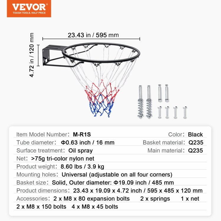 Basketball Rim, Wall Door Mounted Basketball Hoop, Heavy Duty Q235 Basketball Flex Rim Goal Replacement With Net And Double Spring, Standard 18" Indoor Outdoor Hanging Hoop For Kids Adults