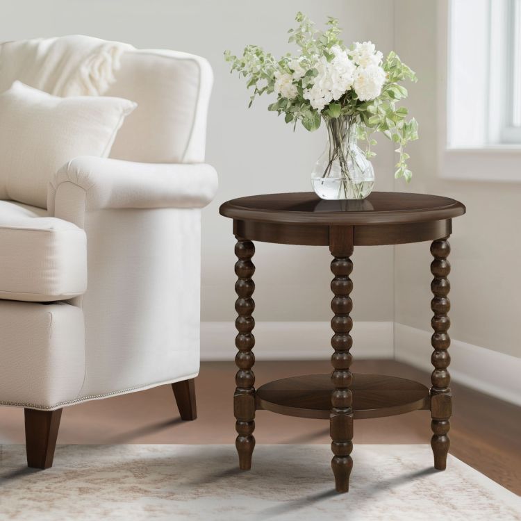 Round End Table With Shelf Brown
