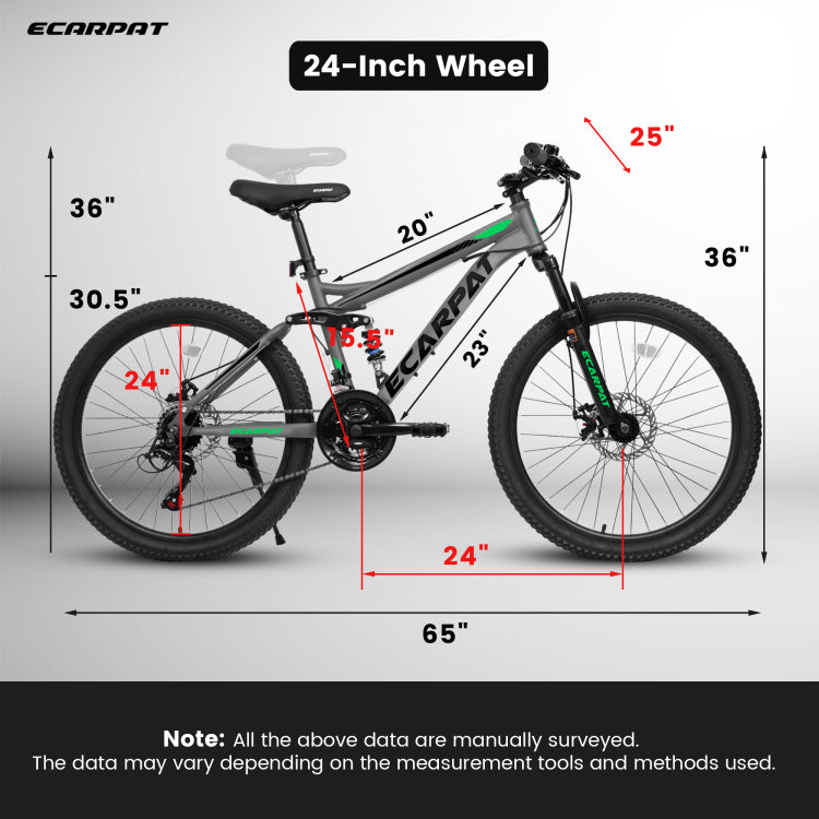 A2460 24 Inch Mountain Bike With Full Suspension, 21 Speed Shifter Lever With Gear Indicator, High Carbon Steel Frame, Mechanical Disc Brakes, Unisex For Men Women Adults, Ideal For Trails