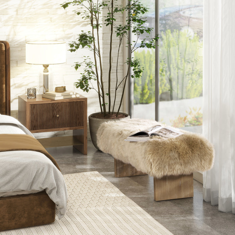 Leda 49" Sheepskin Fur Rectangular Accent Bench, Natural Blonde Genuine Fur