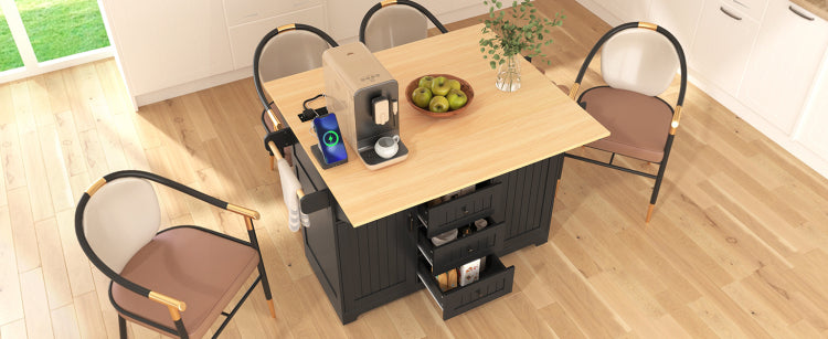 K&K 55.7'' Large Kitchen Island With 2 Drop Leaf, Rolling Kitchen Cart On 5 Wheels With Power Outlet, Folding Storage Dining Table With Spice & Towel Rack , 3 Drawers, For Kitchen, Dining Room,Black