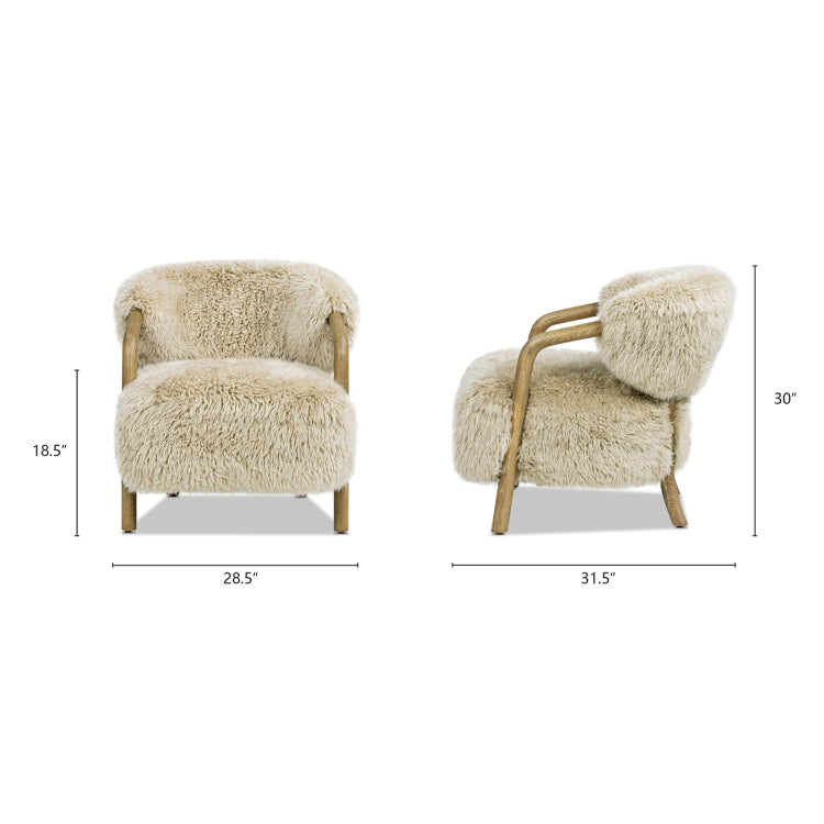 Becker 33" Rustic Oak Sheepskin Upholstered Accent Arm Chair, Taupe Beige Genuine Fur
