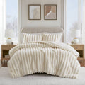 3 Piece Full Queen Soft Faux Fur Ribbed Comforter Set,Ivory