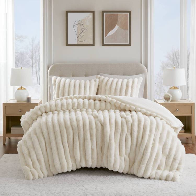 3 Piece Full Queen Soft Faux Fur Ribbed Comforter Set,Ivory