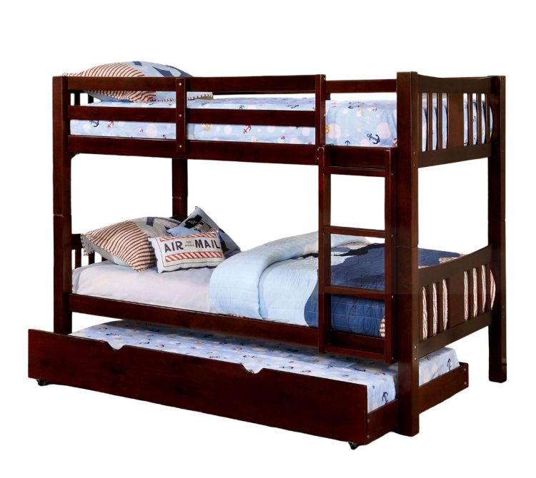 Twin Over Twin Transitional Style Bunk Bed Dark Walnut Finish Attached Ladder Rails And Lock Joint Structure Trundle Not Included