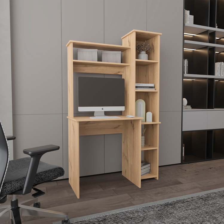 Light Oak 6 Shelf Writing Desk With Built In Bookcase