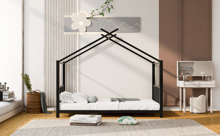 Twin Size Metal House Platform Bed, Black