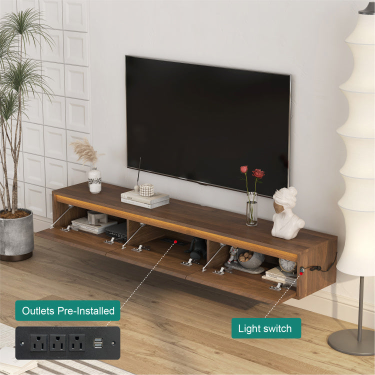 Floating Tv Stand, Wall Mounted Tv Shelf With Led Lights & Power Outlet,Cabinet For Wood Tv Stands For Living Room